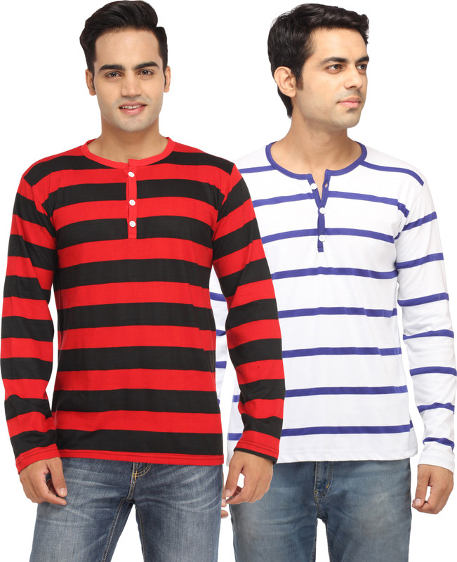 Leana Striped Men Round Neck Blue, Red T-Shirt(Pack of 2)