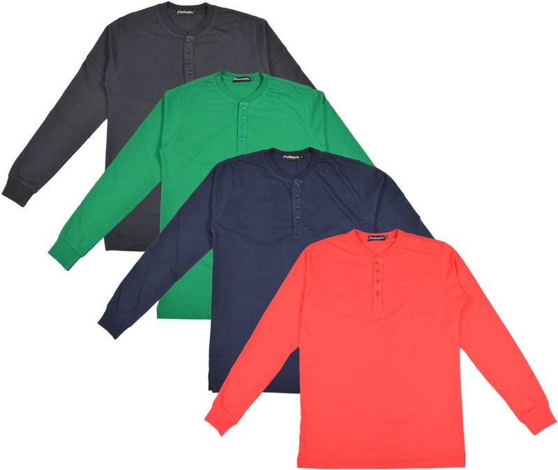 Pintapple Solid Men Henley Red, Dark Blue, Green, Black T-Shirt(Pack of 4)