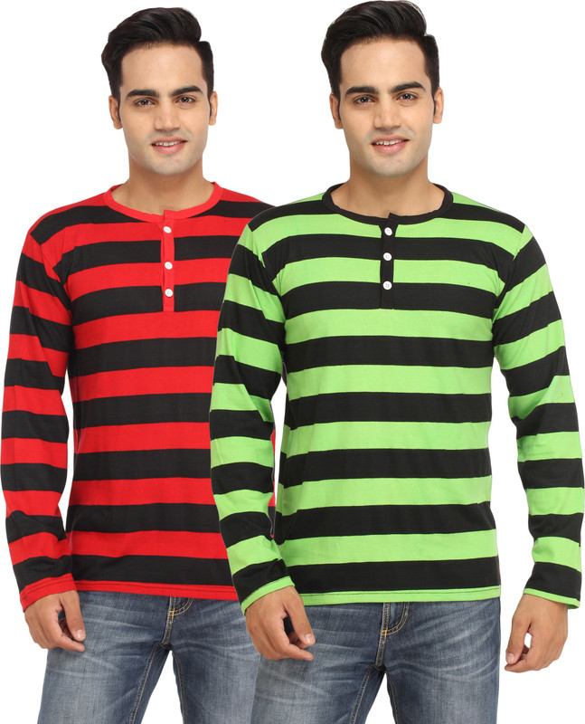 Leana Striped Men Round Neck Red, Green T-Shirt(Pack of 2)