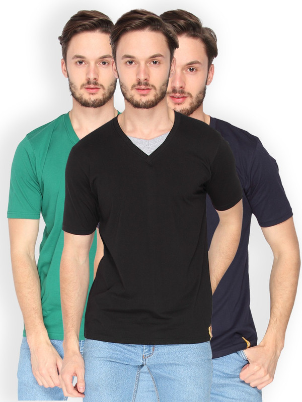 Campus Sutra Solid Men V-Neck Black, Dark Green, Dark Blue T-Shirt(Pack of 3)