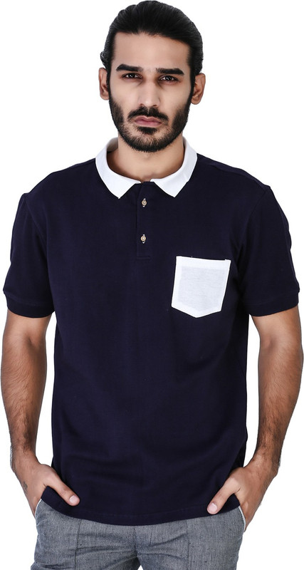 Mr Button Solid Men Polo Neck Blue T-Shirt