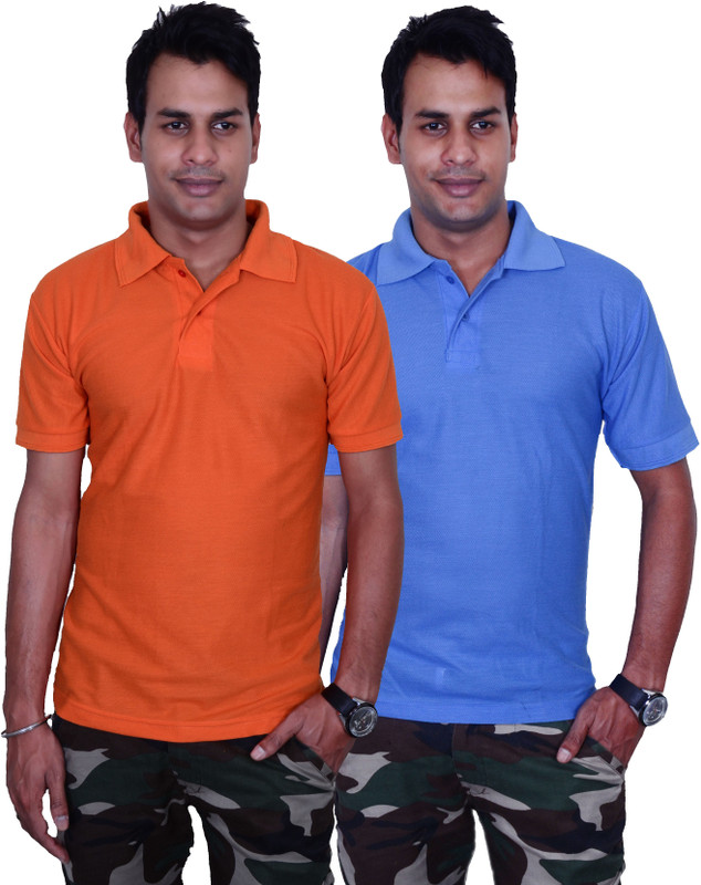 Blaze Solid Men Polo Neck Orange, Blue T-Shirt(Pack of 2)