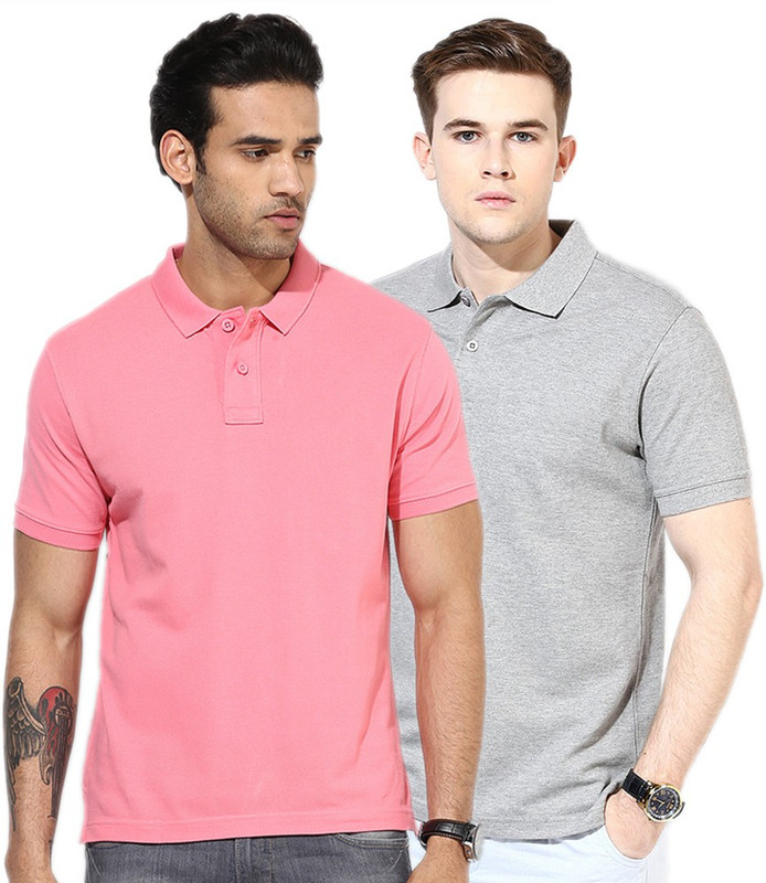 Go India Store Solid Men Polo Neck Pink, Grey T-Shirt(Pack of 2)