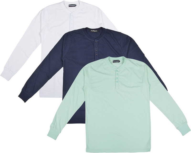 Pintapple Solid Men Henley Light Green, Dark Blue, White T-Shirt(Pack of 3)
