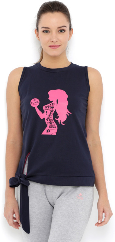 Tuna London Printed Women Round Neck Blue T-Shirt