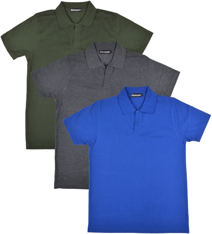 Pintapple Solid Men Polo Neck Blue, Grey, Dark Green T-Shirt(Pack of 3)