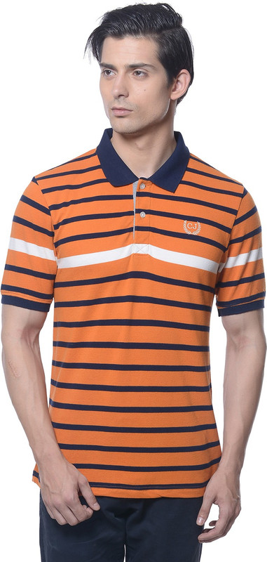 Carve Striped Men Polo Neck Orange T-Shirt