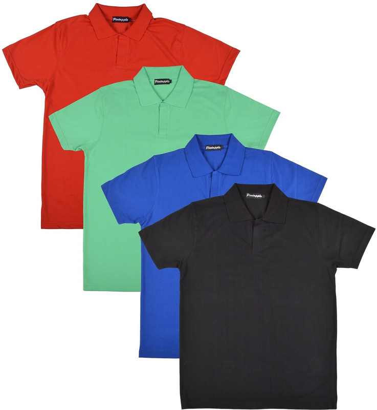 Pintapple Solid Men Polo Neck Black, Blue, Light Green, Red T-Shirt(Pack of 4)