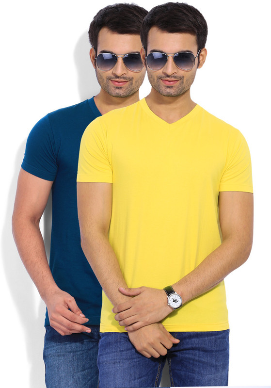 Mufti Solid Men V-neck Blue, Yellow T-Shirt(Pack of 2)