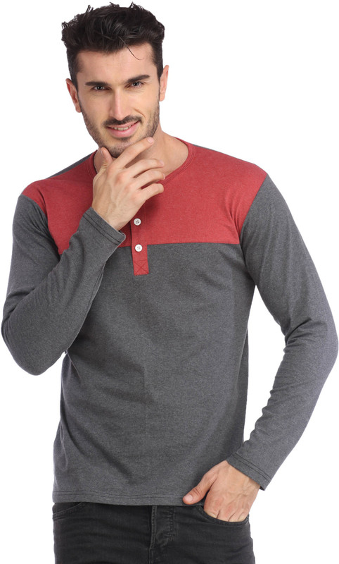 Leana Solid Men Round Neck Grey, Red T-Shirt