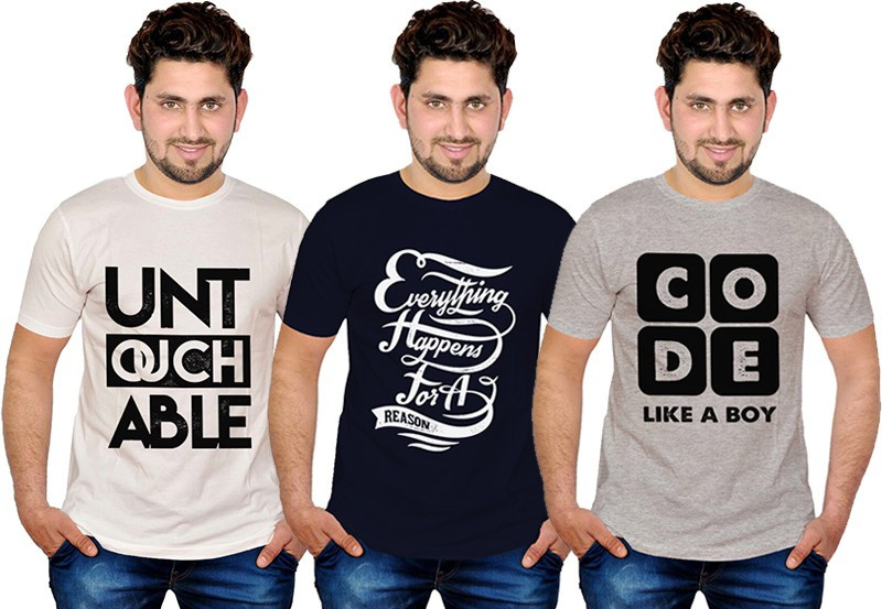 INKIT Graphic Print Men Round Neck Black, White, Grey T-Shirt(Pack of 3)