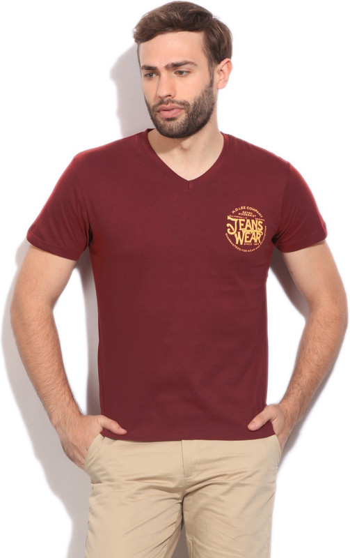 Lee Solid Men V-neck Maroon T-Shirt