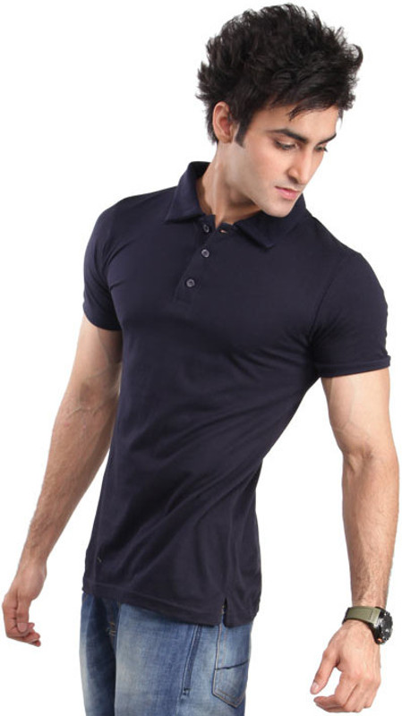 Inkovy Solid Men Polo Neck Dark Blue T-Shirt