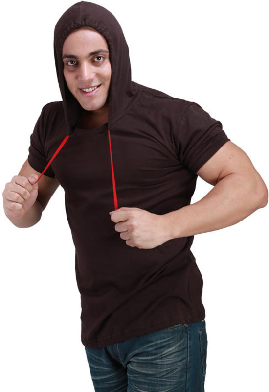 Inkovy Solid Men Hooded Brown T-Shirt
