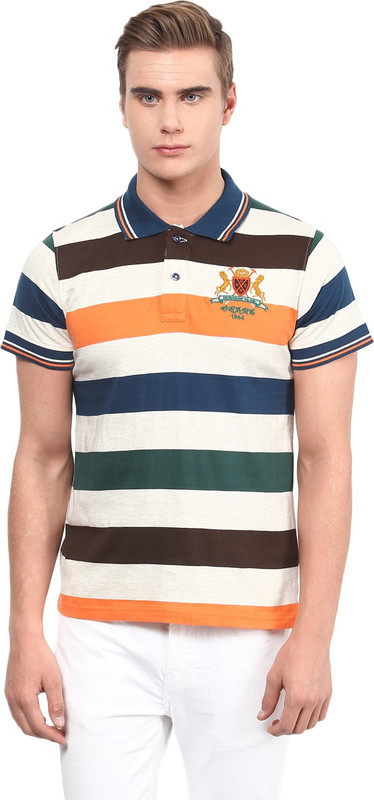 Okane Striped Men Polo Neck White T-Shirt