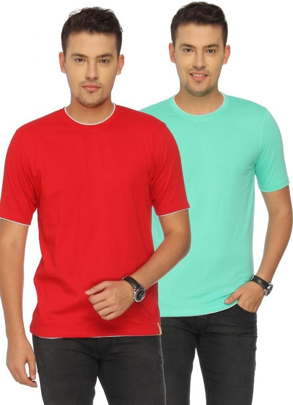 Campus Sutra Solid Men Round or Crew Red, Green T-Shirt(Pack of 2)