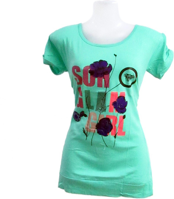 Revinfashions Printed Women Round Neck Green T-Shirt