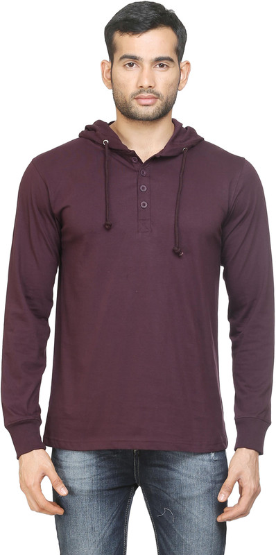 Poshuis Solid Men Hooded Maroon T-Shirt