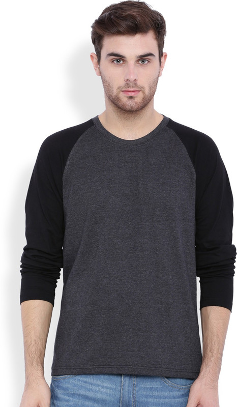 DIFFERENCE OF OPINION Solid Men Round Neck Grey, Black T-Shirt