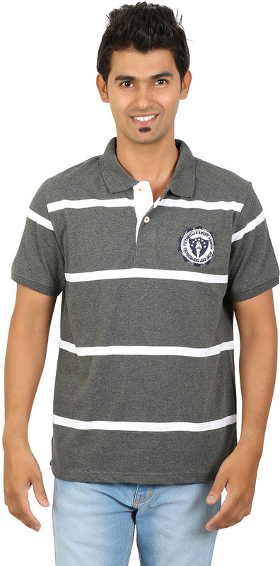 Red Line Striped Men Polo Neck Grey, White T-Shirt