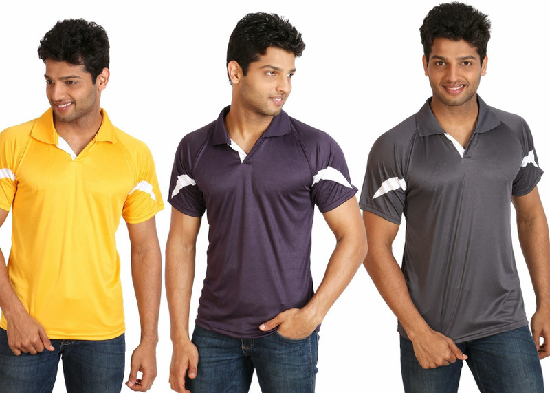 Campus Sutra Solid Men Polo Neck Grey, Purple, Yellow T-Shirt(Pack of 3)