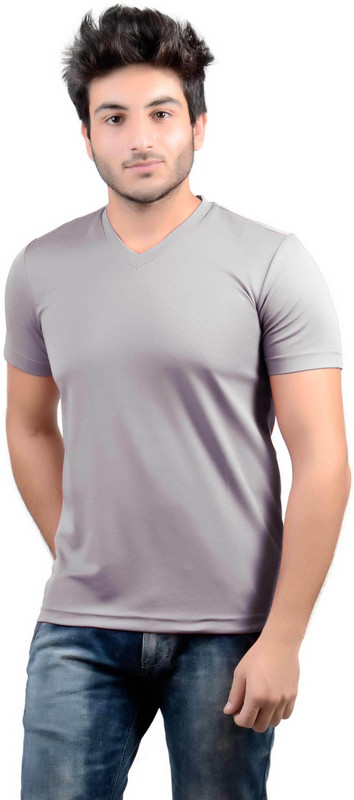 DS WORLD Solid Men V-Neck Grey T-Shirt