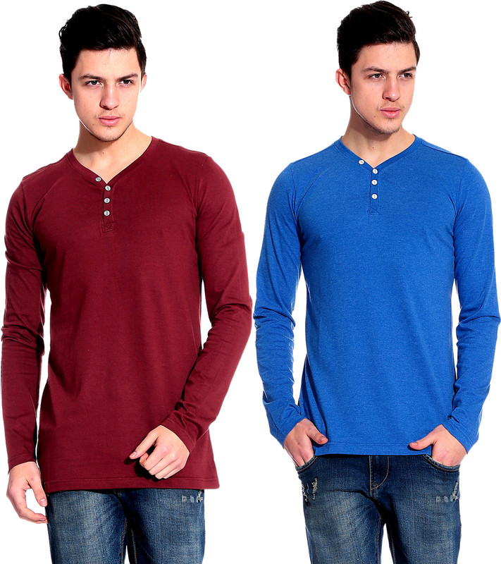 Lemon & Vodka Solid Men Henley Blue, Maroon T-Shirt(Pack of 2)