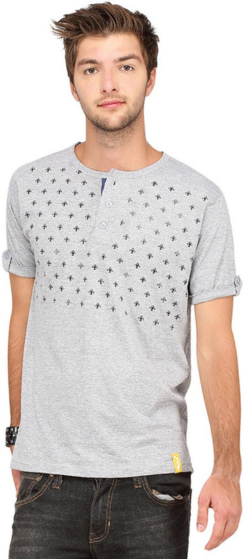 Campus Sutra Printed Men Henley Grey T-Shirt