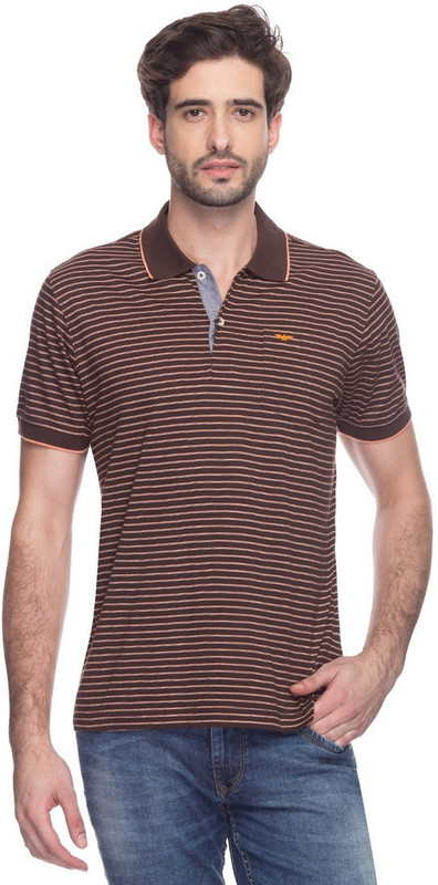 Park Avenue Striped Men Polo Neck Brown T-Shirt