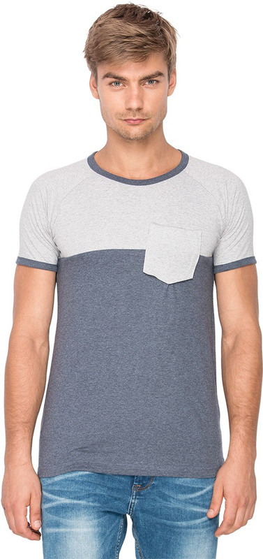 Campus Sutra Solid Men Round or Crew Blue, Grey T-Shirt