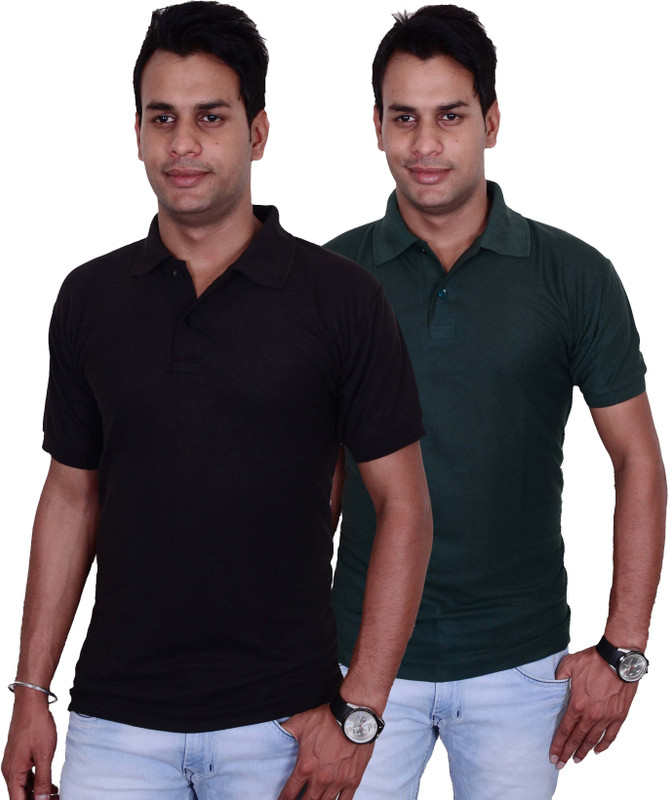 Blaze Solid Men Polo Neck Black, Dark Green T-Shirt(Pack of 2)