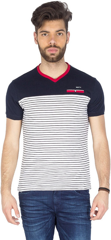 Mufti Striped Men V-neck White, Blue T-Shirt