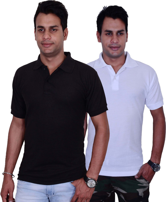 Blaze Solid Men Polo Neck Black, White T-Shirt(Pack of 2)