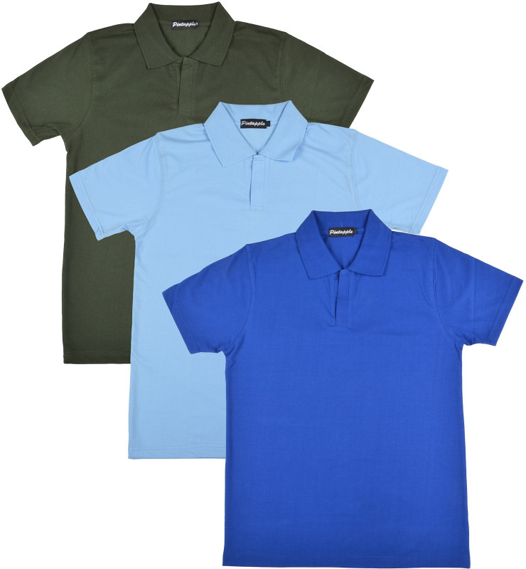 Pintapple Solid Men Polo Neck Blue, Light Blue, Dark Green T-Shirt(Pack of 3)