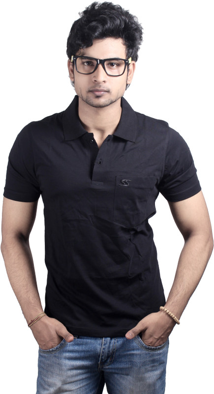 Spur Solid Men Polo Neck Black T-Shirt