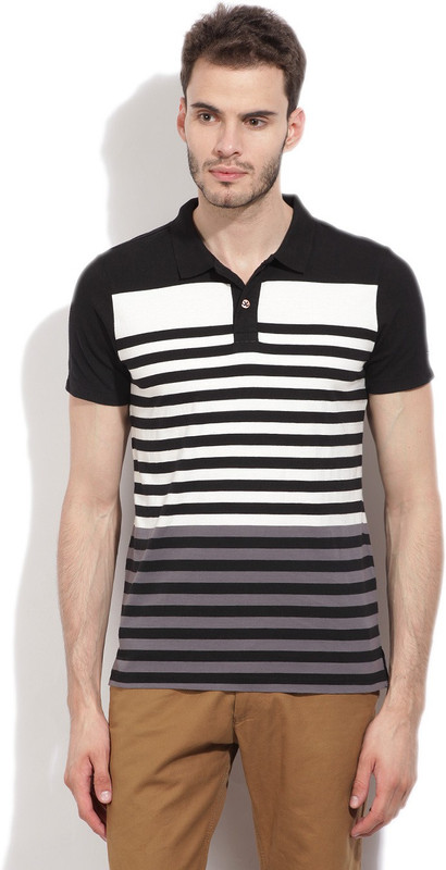 WROGN Striped Men Polo Neck White, Black, Grey T-Shirt WROGN Striped Men Polo Neck White, Black, Grey T-Shirt