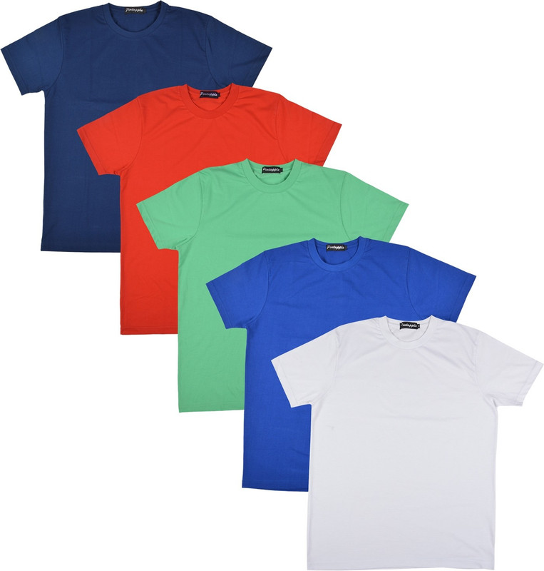 Pintapple Solid Men Round Neck White, Blue, Light Green, Red, Dark Blue T-Shirt(Pack of 5)