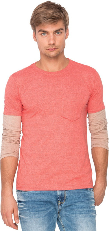 Campus Sutra Solid Men Round or Crew Orange, Beige T-Shirt