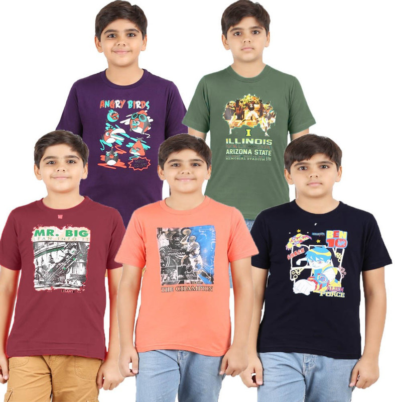 Meril Boys Graphic Print T Shirt(Multicolor, Pack of 5) RS.3956 (77.00% Off) - Flipkart