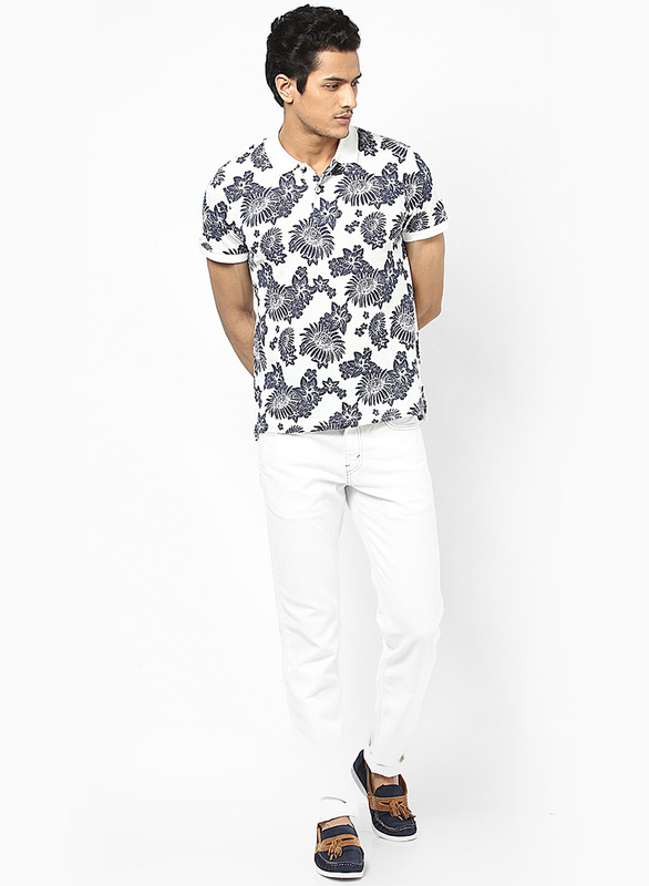 Jack & Jones Floral Print Men Polo Neck White T-Shirt