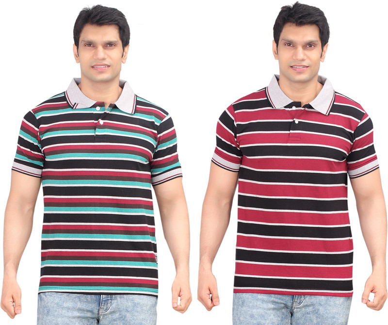 Zebu Striped Men Polo Neck Multicolor, Maroon T-Shirt(Pack of 2)