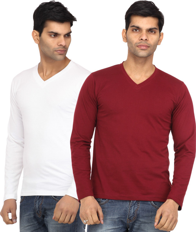 Leana Solid Men Round Neck White, Maroon T-Shirt(Pack of 2)