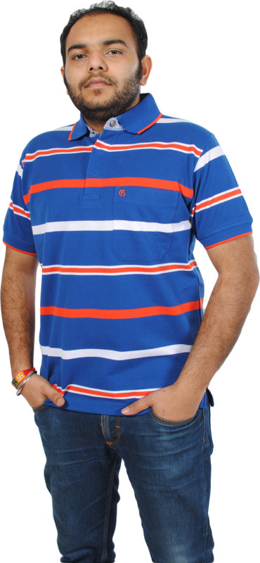 Feels Good Striped Men Polo Neck Blue T-Shirt
