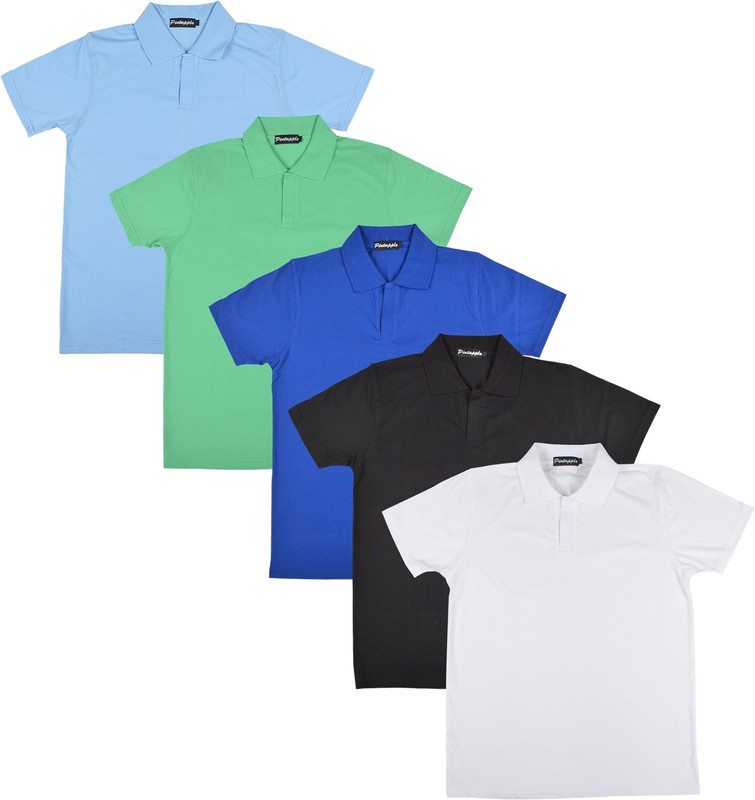 Pintapple Solid Men Polo Neck White, Black, Blue, Light Green, Light Blue T-Shirt(Pack of 5)