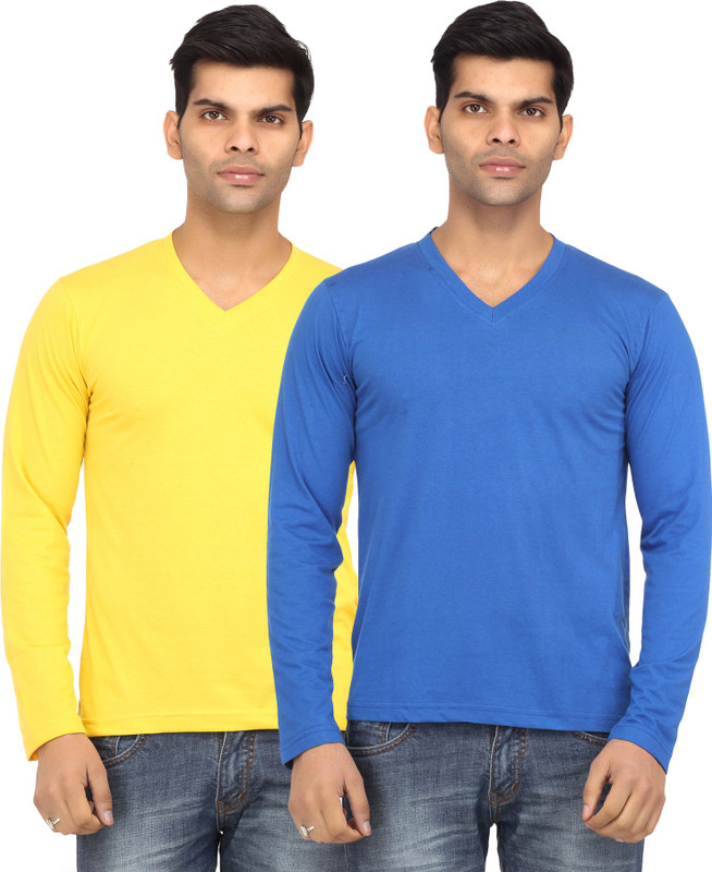 Leana Solid Men Round Neck Yellow, Blue T-Shirt(Pack of 2)