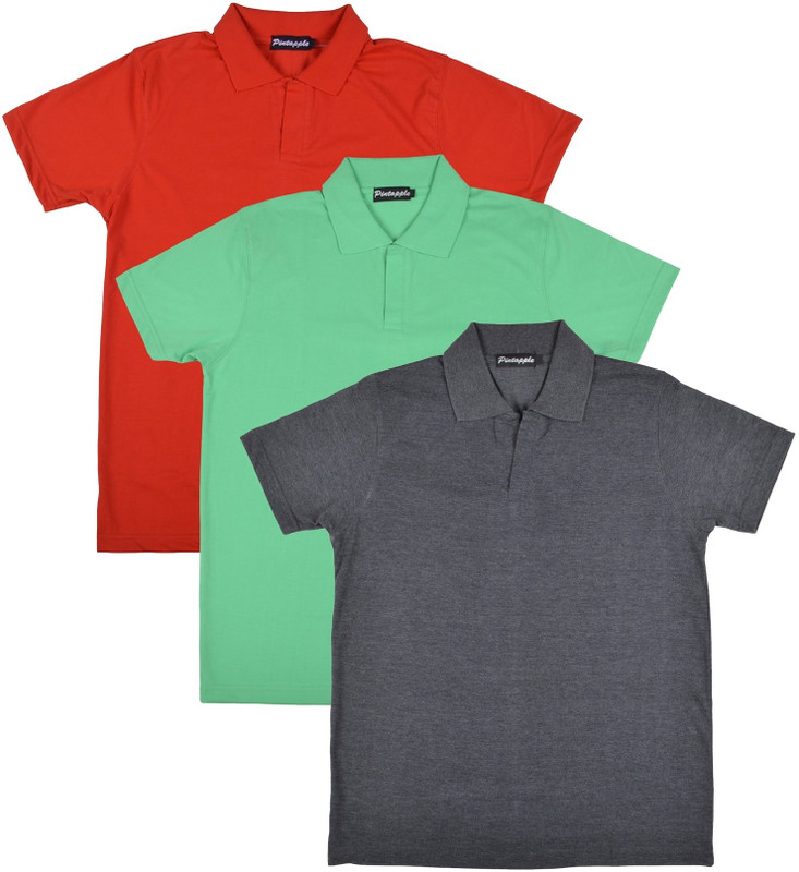 Pintapple Solid Men Polo Neck Grey, Light Green, Red T-Shirt(Pack of 3)