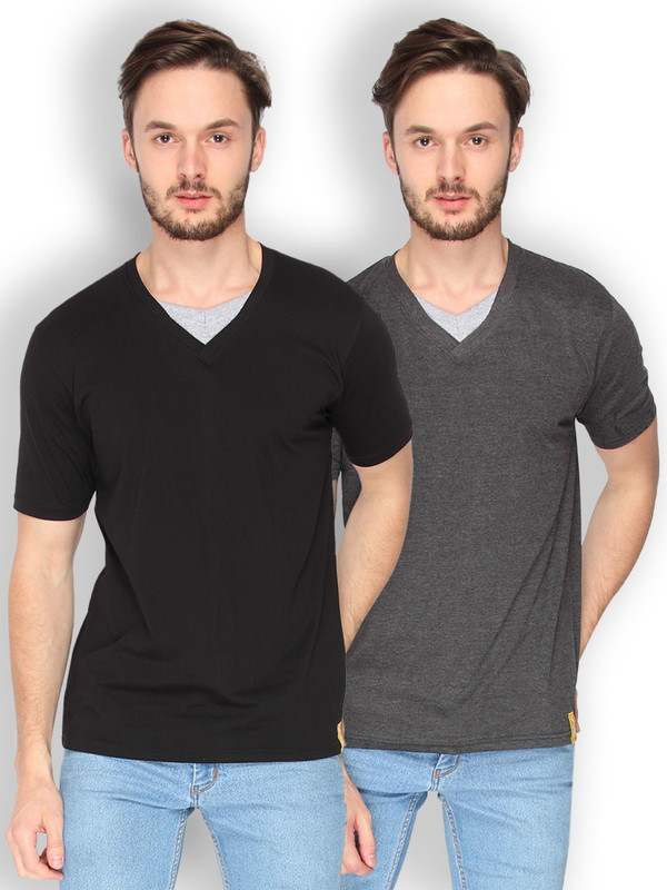 Campus Sutra Solid Men V-Neck Black, Grey T-Shirt(Pack of 2)