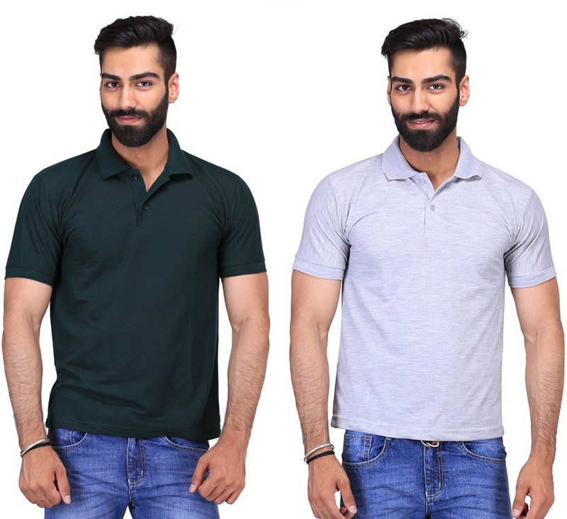 Fuego Solid Men Polo Neck Dark Green, Grey T-Shirt(Pack of 2)