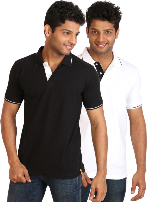 Campus Sutra Solid Men Polo Neck Black, White T-Shirt(Pack of 2)