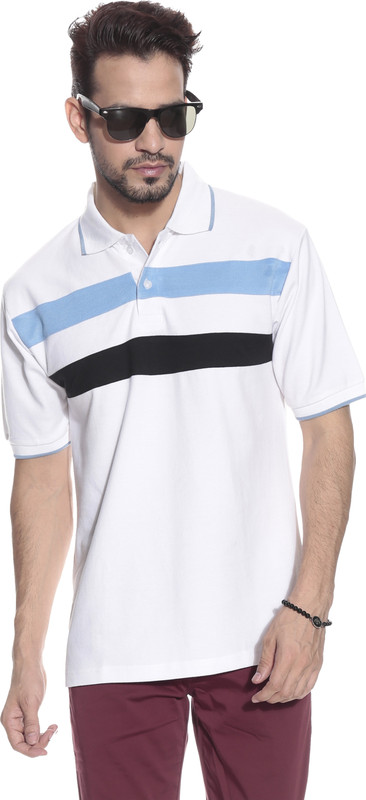 Leana Striped Men Polo Neck White, Light Blue T-Shirt